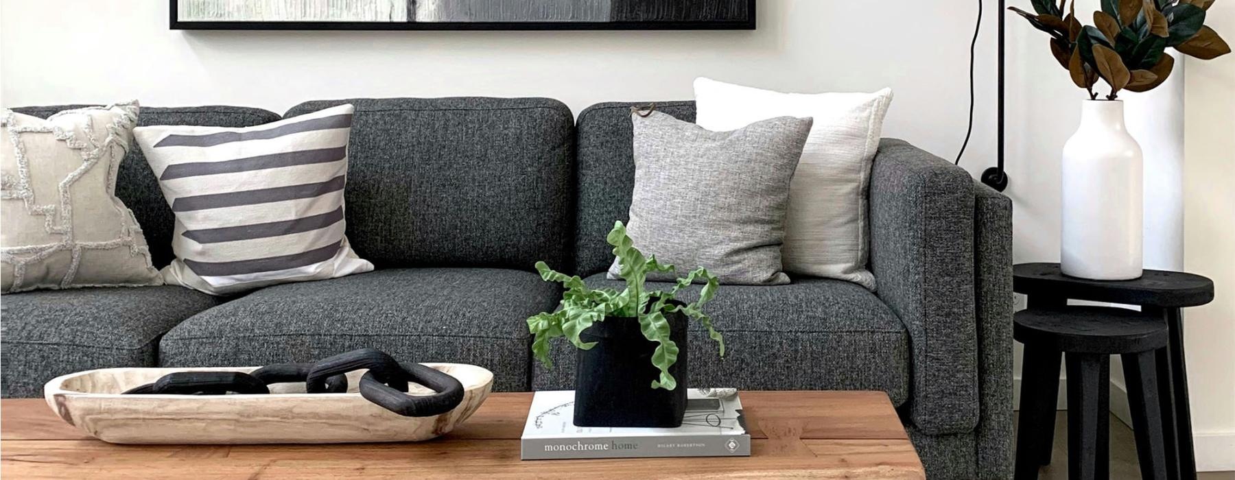 a couch with a coffee table with a plant and decor on it